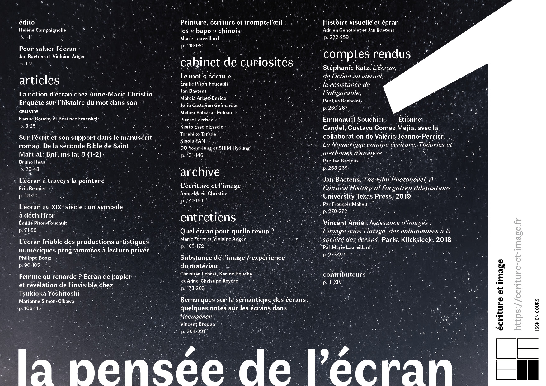 Couverture et sommaire du  n°1 de la revue Écriture et Image